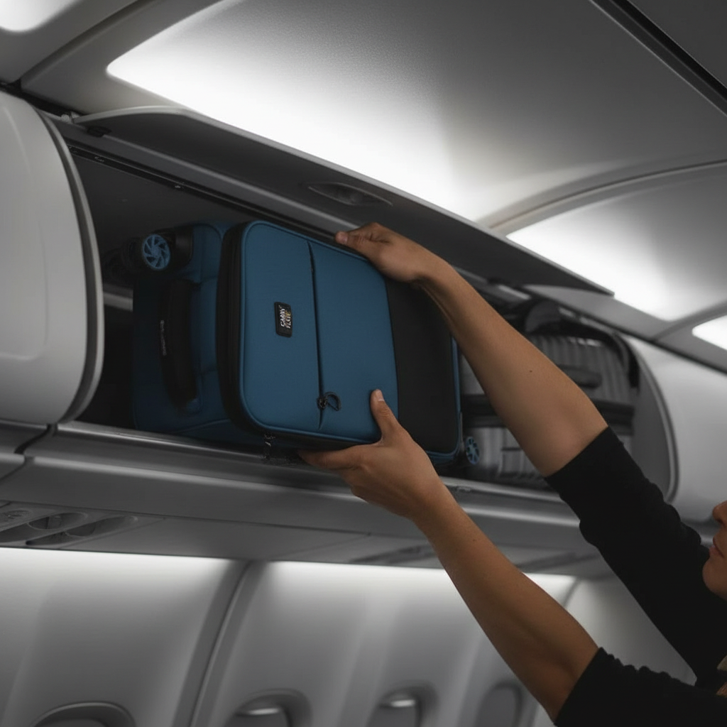 Hands lifting carry-on into overhead bin